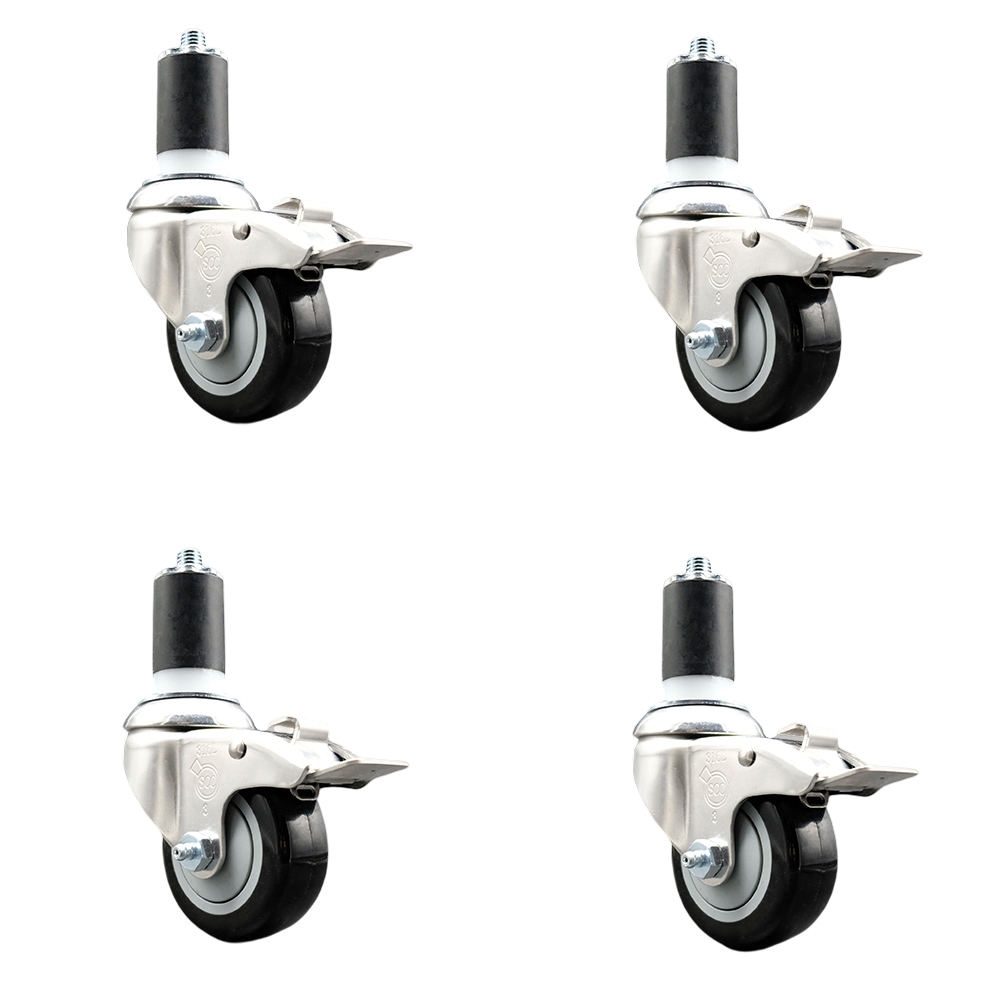Polyurethane Swivel Stem Caster with 3 in. Black Caster Wheels, 1.63 in. Expanding Stems - 316 Stainless Steel Casters - Set of 4