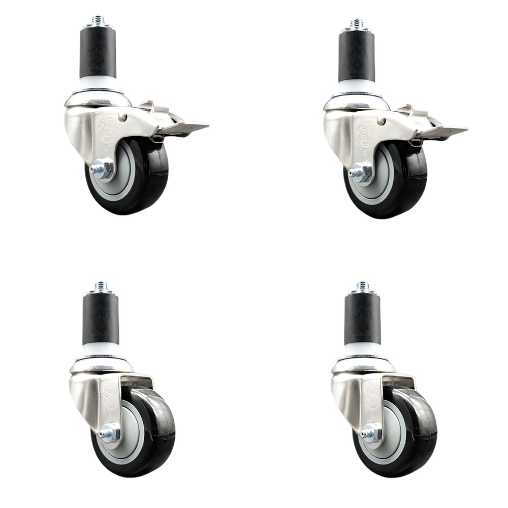Polyurethane Swivel Stem Caster with 3.5 in. Black Caster Wheels, 1.63 in. Expanding Stem - 316 Stainless Steel Casters - Set of 4