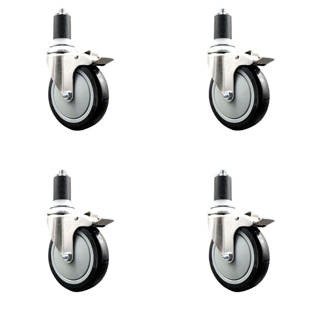 Polyurethane Swivel Stem Caster with 5 in. Black Caster Wheels, 1.63 in. Expanding Stems - 316 Stainless Steel Casters - Set of 4