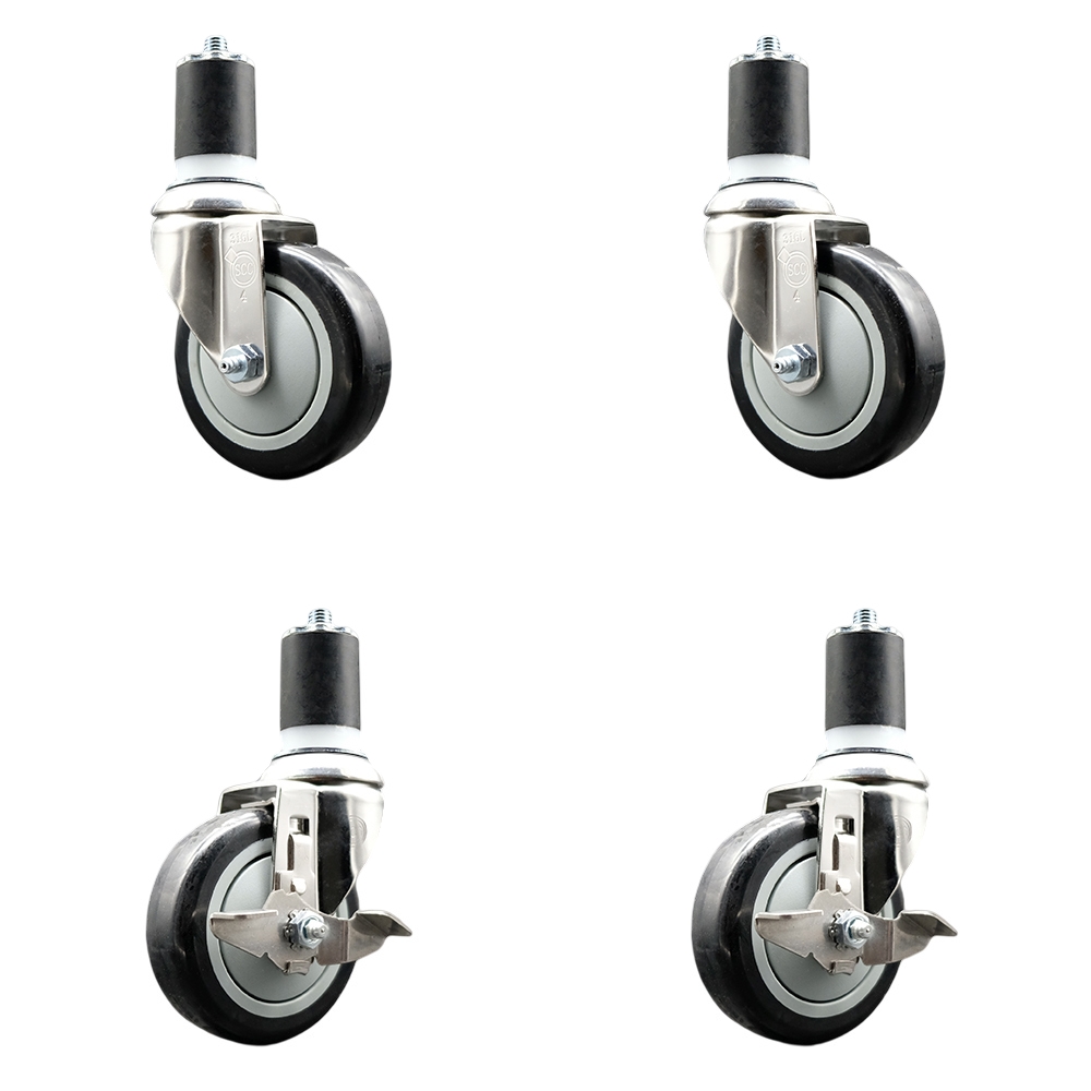 Polyurethane Swivel Stem Caster with 4 in. Black Caster Wheels, 1.75 in. Expanding Stems - 316 Stainless Steel Casters - Set of 4