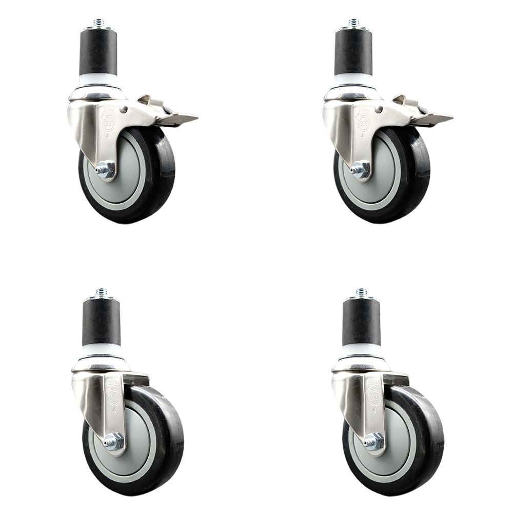 Polyurethane Swivel Stem Caster with 4 in. Black Caster Wheels, 1.75 in. Expanding Stem - 316 Stainless Steel Casters - Set of 4