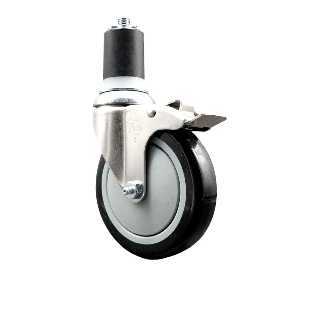Polyurethane Swivel Stem Caster with 5 in. Black Caster Wheels & Total Lock Brake, 1.87 in. Expanding Stem - 316 Stainless Steel Caster