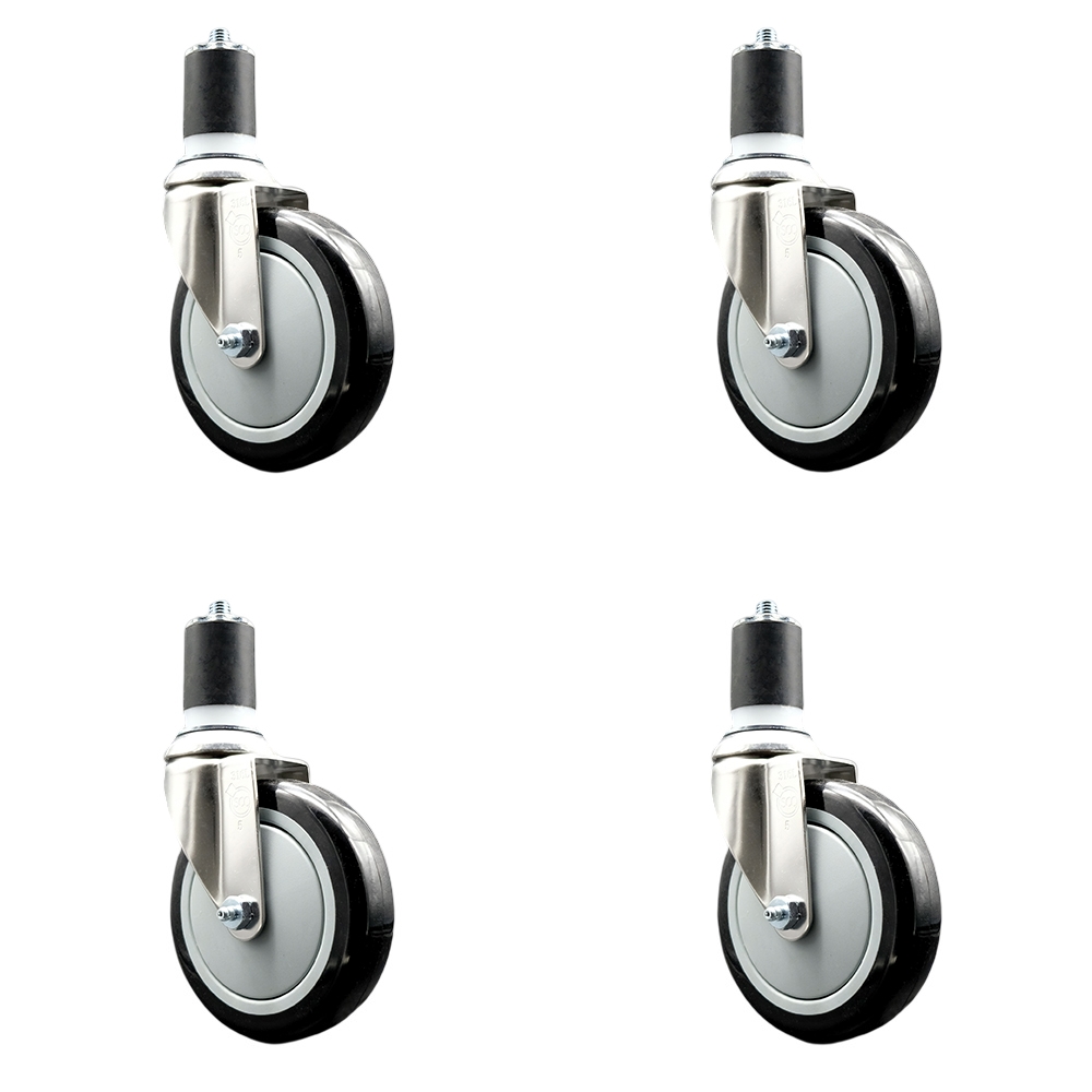 Polyurethane Swivel Stem Caster with 5 in. Black Caster Wheels, 1.87 in. Expanding Stems - 316 Stainless Steel Casters - Set of 4