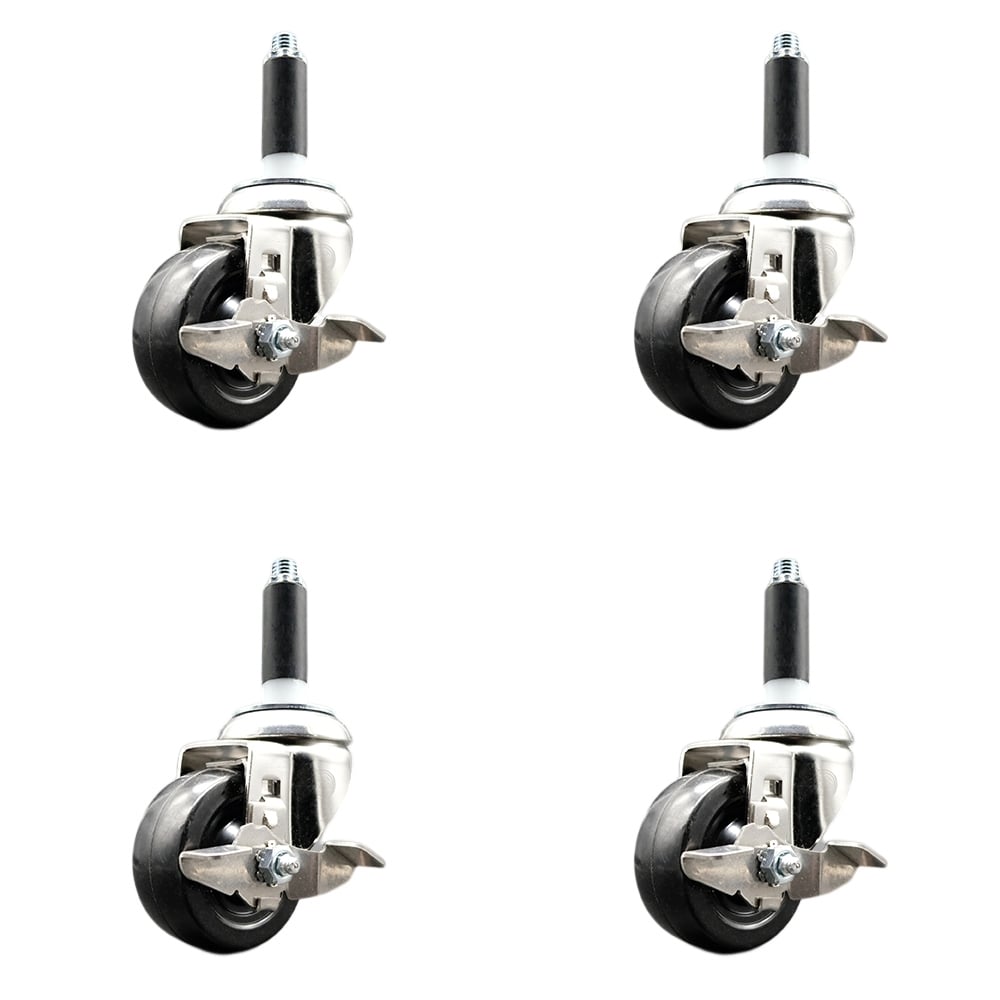 Hard Rubber Swivel Stem Caster with 3 in. Caster Wheels, 0.87 in. Expanding Stems - 316 Stainless Steel Casters - Set of 4