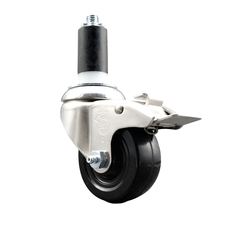 Hard Rubber Swivel Stem Caster with 3.5 in. Black Caster Wheel & Total Lock Brake, 1.25 in. Expanding Stem - 316 Stainless Steel Casters