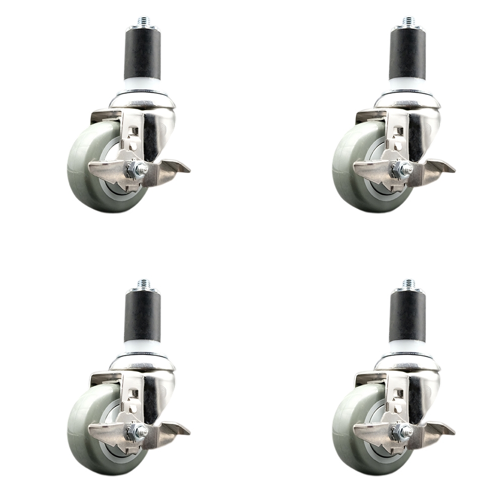 Polyurethane Swivel Stem Caster with 3.5 in. Gray Caster Wheels, 1.5 in. Expanding Stems - 316 Stainless Steel Casters - Set of 4
