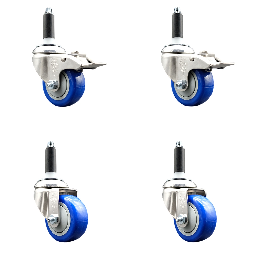 Polyurethane Swivel Stem Caster with 3.5 in. Blue Caster Wheels, 0.75 in. Expanding Stem - 316 Stainless Steel Casters - Set of 4