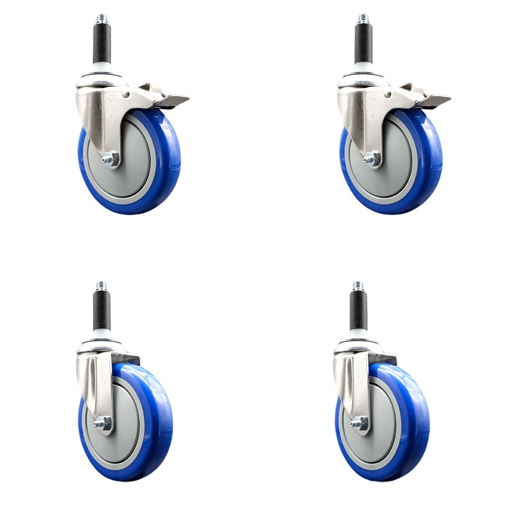 Polyurethane Swivel Stem Caster with 5 in. Blue Caster Wheels, 0.75 in. Expanding Stem - 316 Stainless Steel Casters - Set of 4