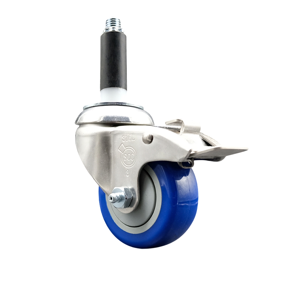 Polyurethane Swivel Stem Caster with 3 in. Blue Caster Wheels & Total Lock Brake, 0.87 in. Expanding Stem - 316 Stainless Steel Caster