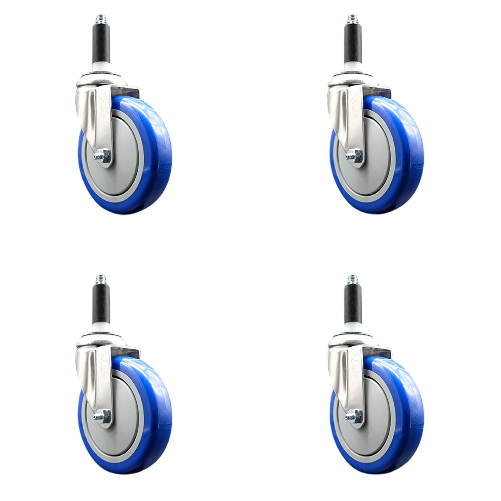 Polyurethane Swivel Stem Caster with 5 in. Blue Caster Wheels, 0.87 in. Expanding Stems - 316 Stainless Steel Casters - Set of 4