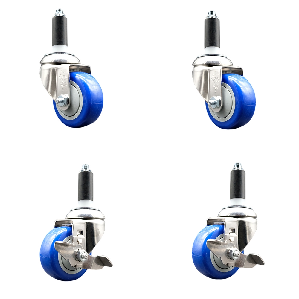 Polyurethane Swivel Stem Caster with 3 in. Blue Caster Wheels, 1 in. Expanding Stems - 316 Stainless Steel Casters - Set of 4