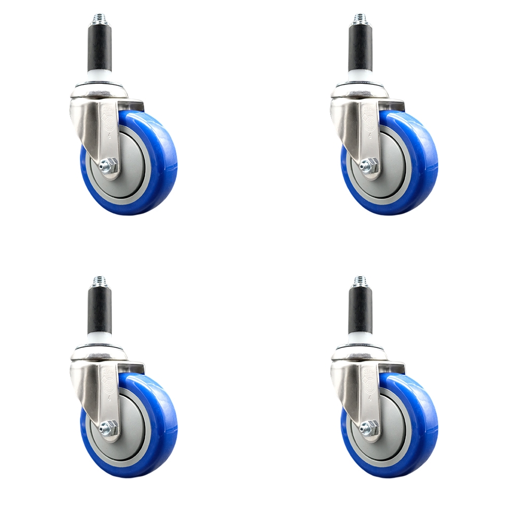 Polyurethane Swivel Stem Caster with 4 in. Blue Caster Wheels, 1 in. Expanding Stems - 316 Stainless Steel Casters - Set of 4