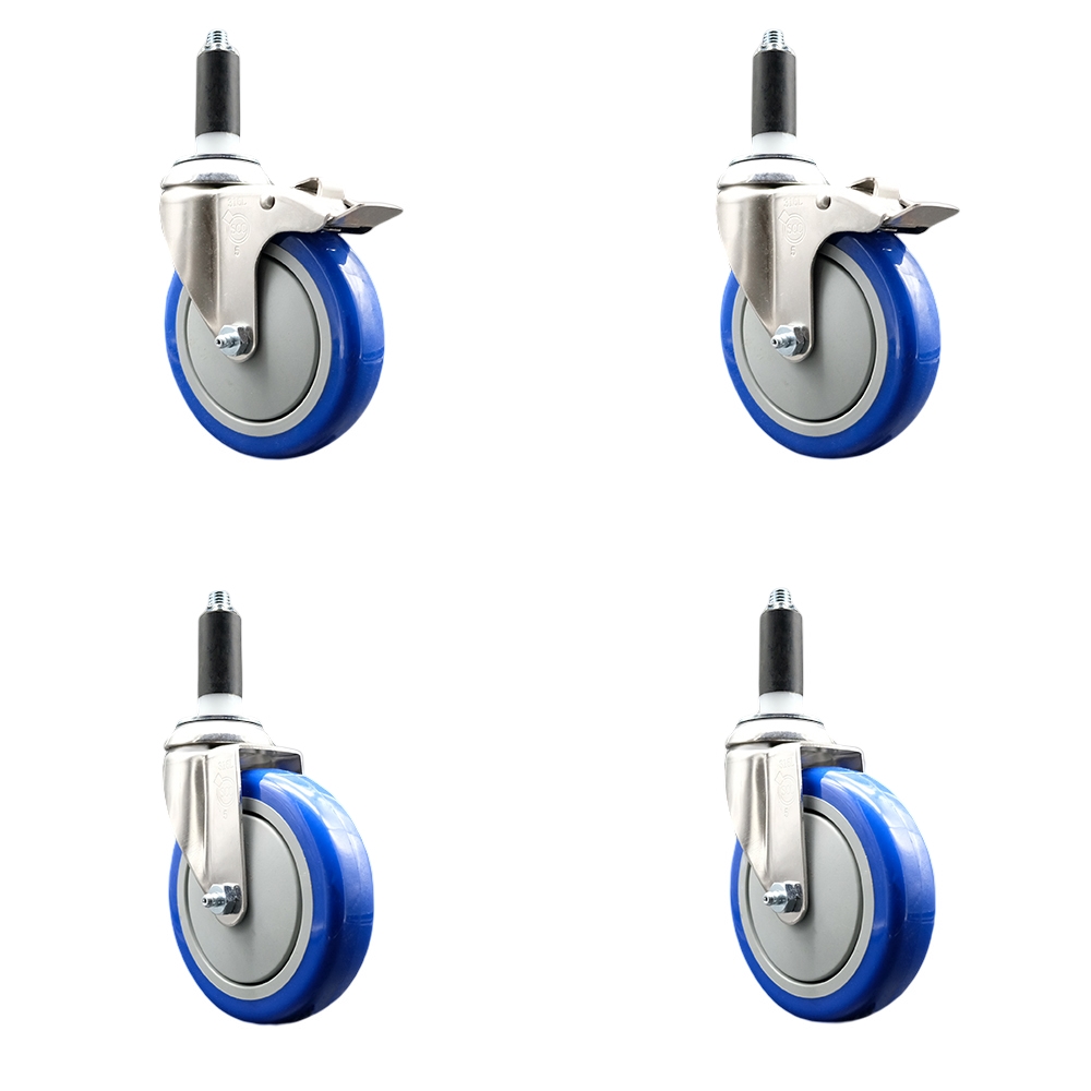 Polyurethane Swivel Stem Caster with 5 in. Blue Caster Wheels, 1.13 in. Expanding Stem - 316 Stainless Steel Casters - Set of 4
