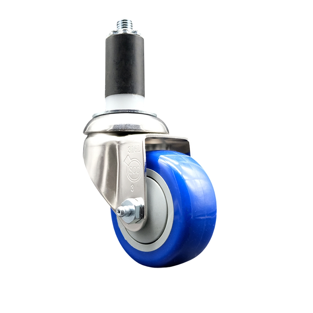 Polyurethane Swivel Stem Caster with 3 in. Blue Caster Wheels, 1.25 in. Expanding Stem - 316 Stainless Steel Caster