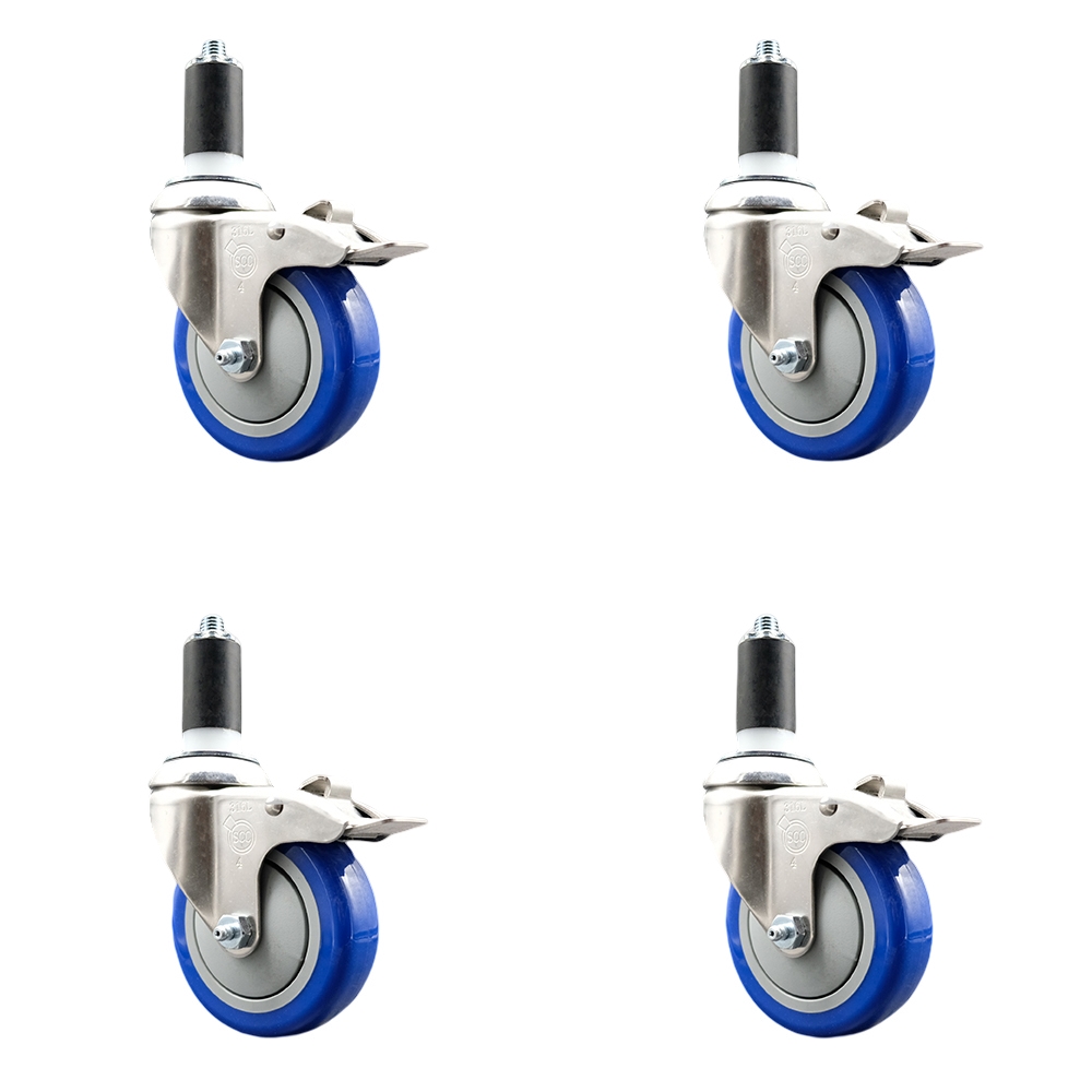 Polyurethane Swivel Stem Caster with 4 in. Blue Caster Wheels, 1.25 in. Expanding Stems - 316 Stainless Steel Casters - Set of 4