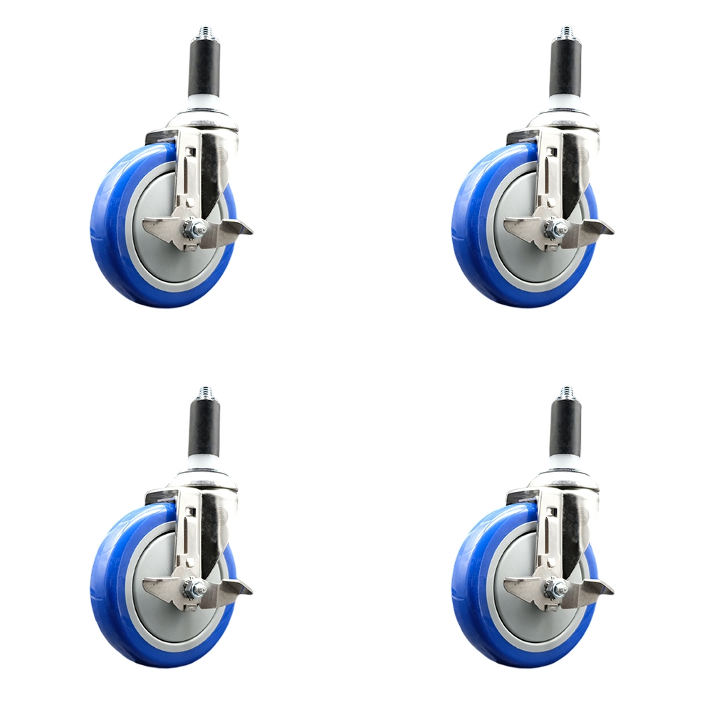 Polyurethane Swivel Stem Caster with 5 in. Blue Caster Wheels, 1.25 in. Expanding Stems - 316 Stainless Steel Casters - Set of 4