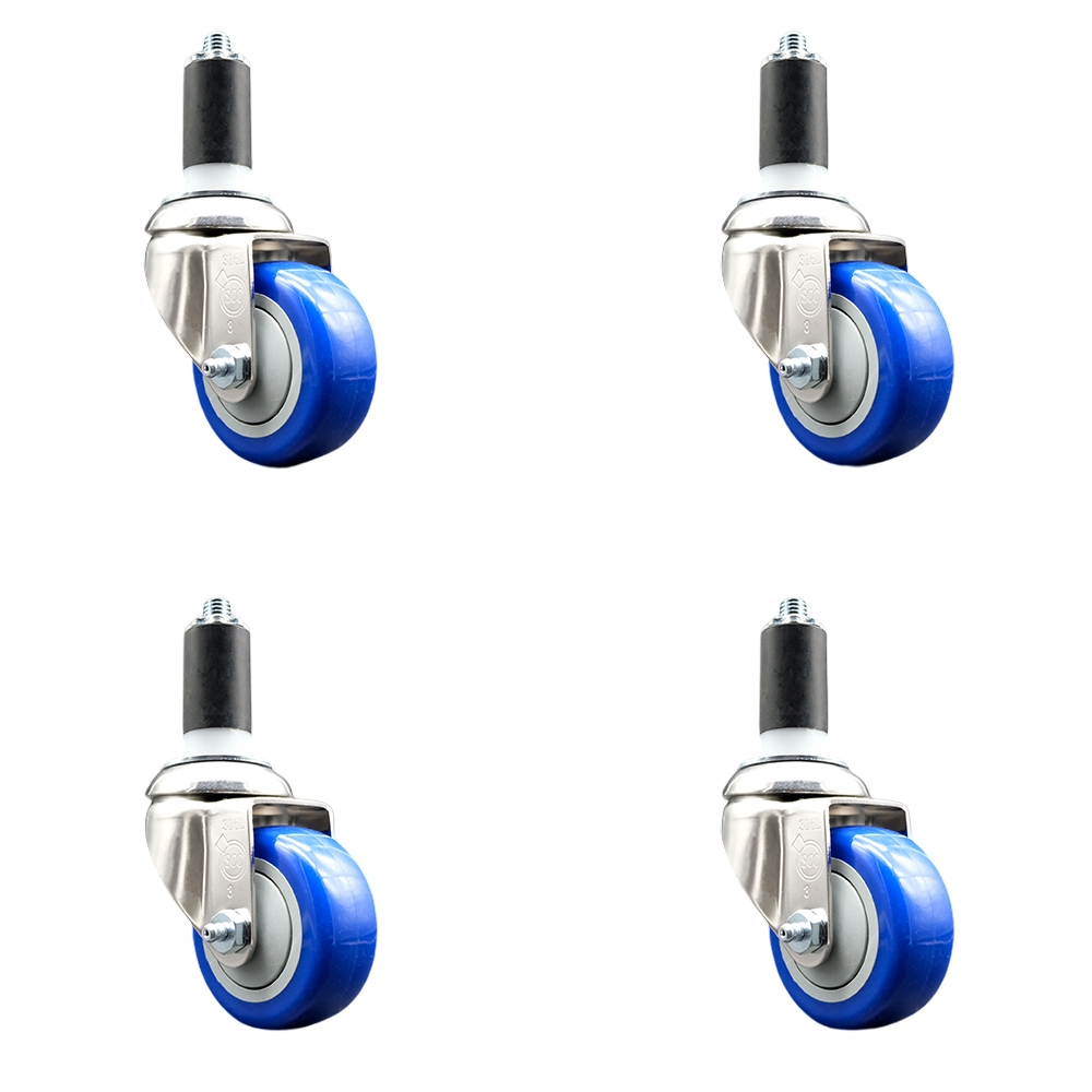 Polyurethane Swivel Stem Caster with 3.5 in. Blue Caster Wheels, 1.38 in. Expanding Stems - 316 Stainless Steel Casters - Set of 4