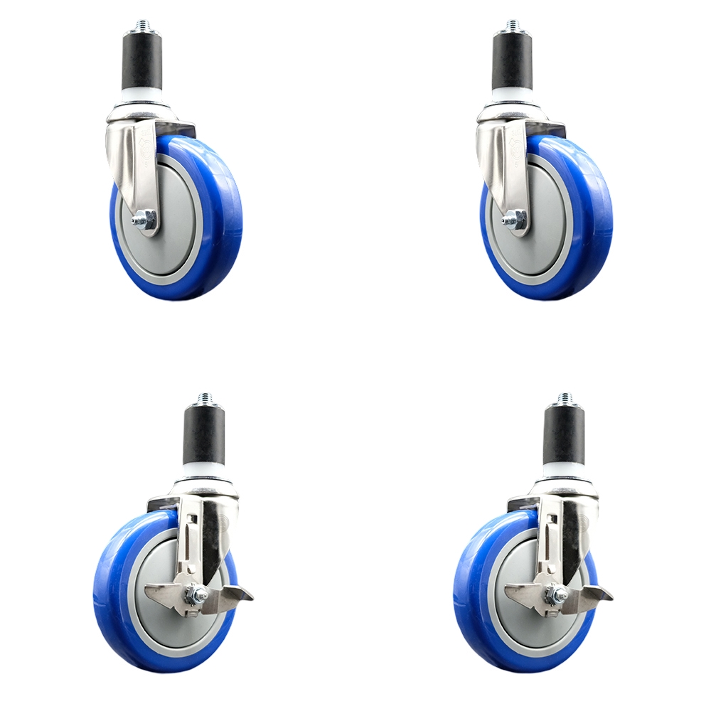 Polyurethane Swivel Stem Caster with 5 in. Blue Caster Wheels, 1.5 in. Expanding Stems - 316 Stainless Steel Casters - Set of 4
