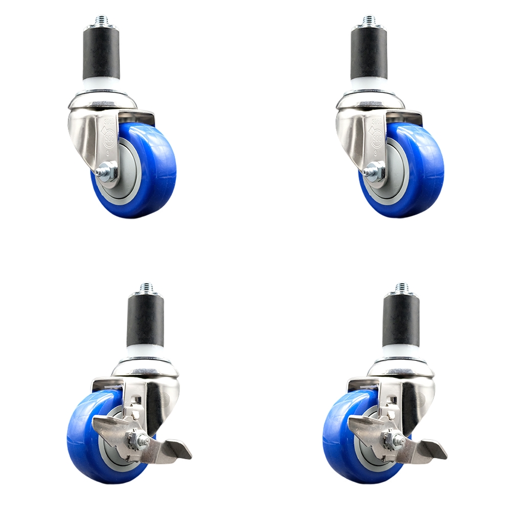Polyurethane Swivel Stem Caster with 3 in. Blue Caster Wheels, 1.63 in. Expanding Stems - 316 Stainless Steel Casters - Set of 4