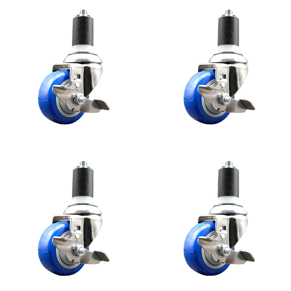 Polyurethane Swivel Stem Caster with 3.5 in. Blue Caster Wheels, 1.63 in. Expanding Stems - 316 Stainless Steel Casters - Set of 4