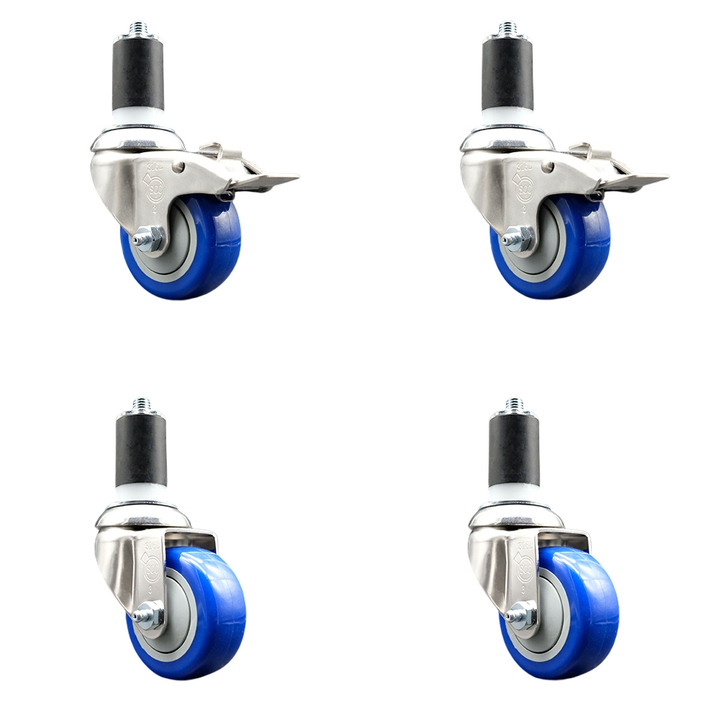 Polyurethane Swivel Stem Caster with 3.5 in. Blue Caster Wheels, 1.63 in. Expanding Stem - 316 Stainless Steel Casters - Set of 4