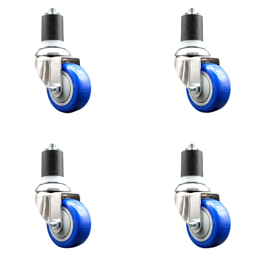 Polyurethane Swivel Stem Caster with 3 in. Blue Caster Wheels, 1.75 in. Expanding Stems - 316 Stainless Steel Casters - Set of 4
