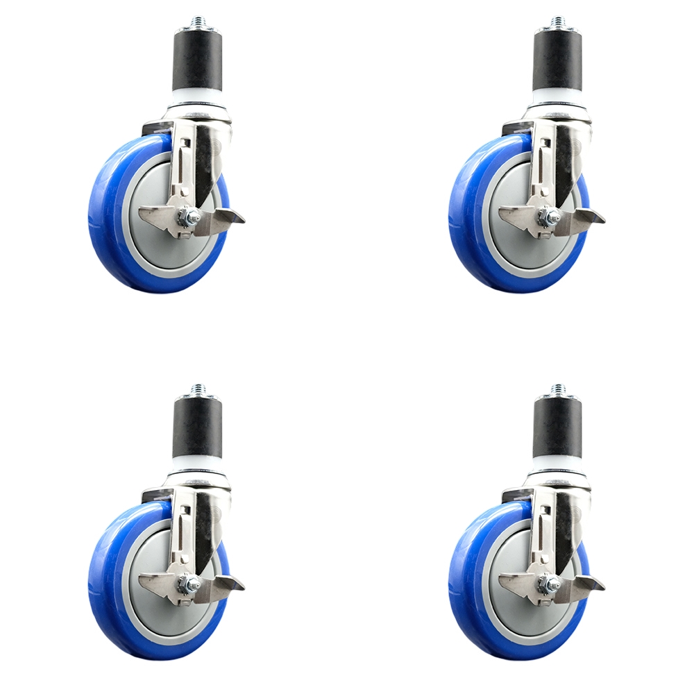 Polyurethane Swivel Stem Caster with 5 in. Blue Caster Wheels, 1.75 in. Expanding Stems - 316 Stainless Steel Casters - Set of 4