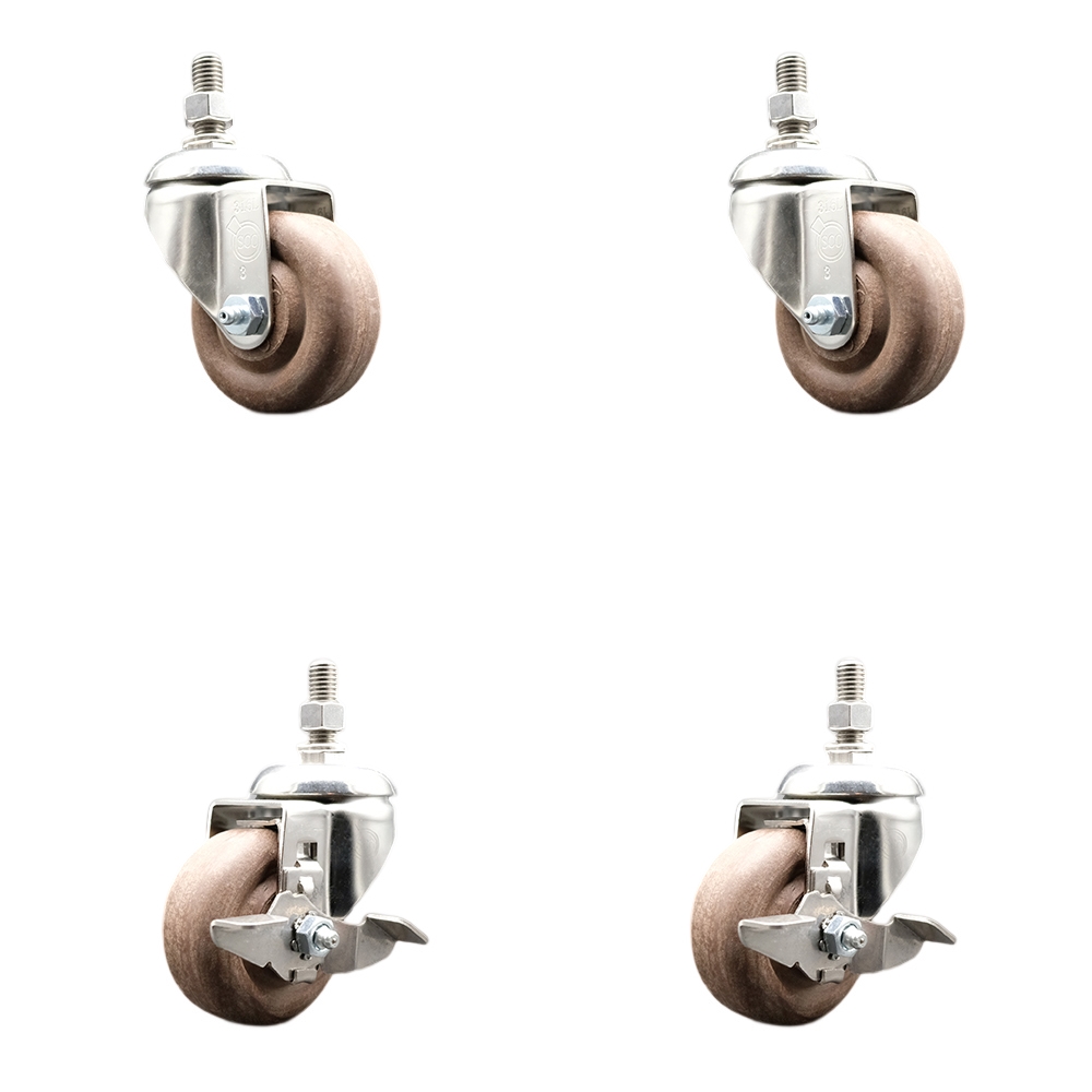 High Temperature Glass Filled Nylon Swivel Stem Caster with 3 in. Caster Wheel, 0.38 in. Threaded Stems - 316 Stainless Steel Caster - Set of 4