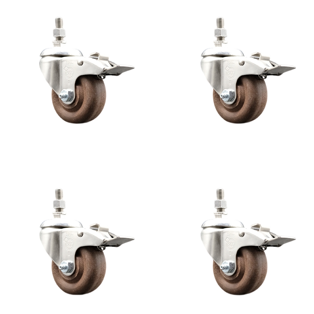 High Temperature Glass Filled Nylon Swivel Stem Caster with 3 in. Caster Wheel, 10 mm Threaded Stem - 316 Stainless Steel Caster - Set of 4