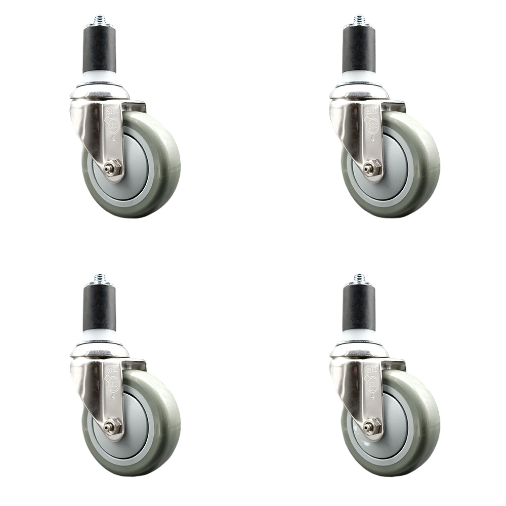 Polyurethane Swivel Stem Caster with 4 in. Gray Caster Wheels, 1.5 in. Expanding Stems - 316 Stainless Steel Casters - Set of 4