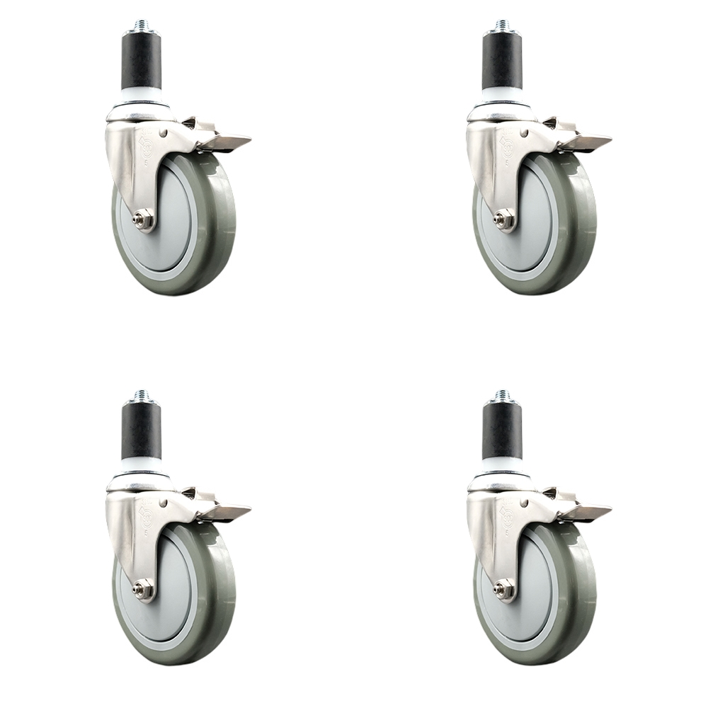 Polyurethane Swivel Stem Caster with 5 in. Gray Caster Wheels, 1.5 in. Expanding Stems - 316 Stainless Steel Casters - Set of 4