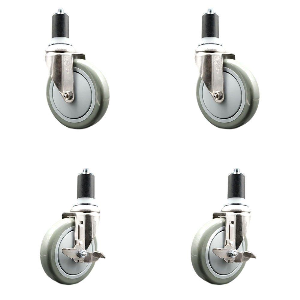 Polyurethane Swivel Stem Caster with 5 in. Gray Caster Wheels, 1.5 in. Expanding Stems - 316 Stainless Steel Casters - Set of 4