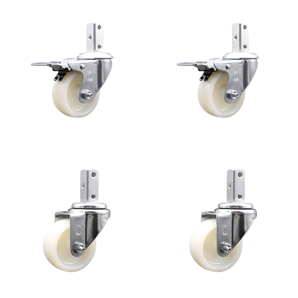 Swivel Square Stem Caster with 3 x 1.25 in. White Nylon Wheel, 0.75 x 2 in. Square Stem with 3 0.26 in. Diameter Mounting Holes - Set of 4