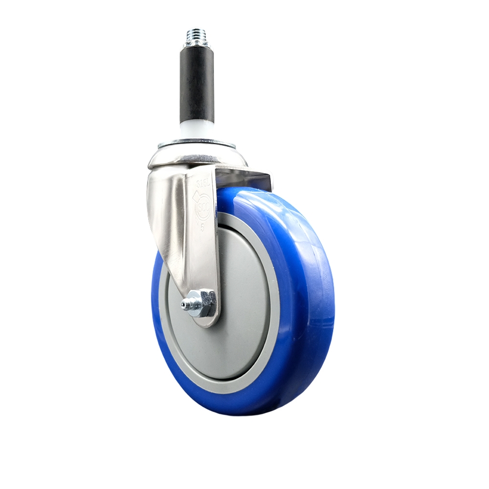 Polyurethane Swivel Stem Caster with 5 in. Blue Caster Wheels, 0.87 in. Expanding Stem - 316 Stainless Steel Caster