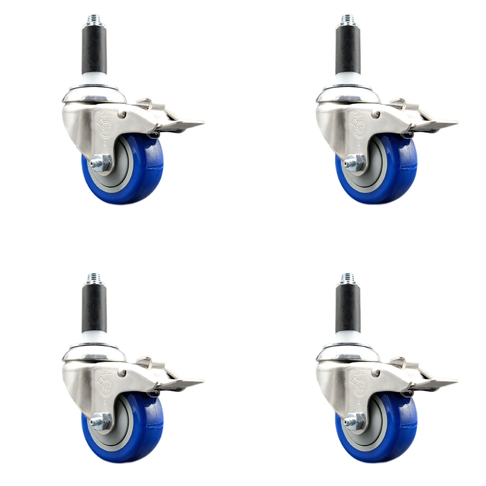 Polyurethane Swivel Stem Caster with 3 in. Blue Caster Wheels, 1 in. Expanding Stems - 316 Stainless Steel Casters - Set of 4