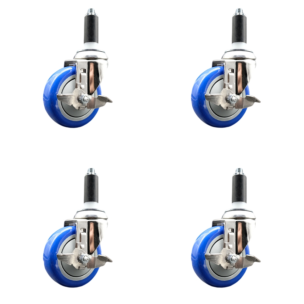 Polyurethane Swivel Stem Caster with 4 in. Blue Caster Wheels, 1 in. Expanding Stems - 316 Stainless Steel Casters - Set of 4