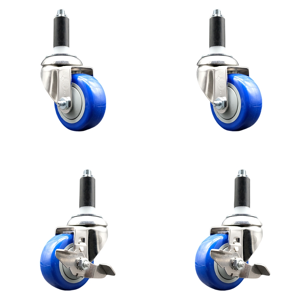 Polyurethane Swivel Stem Caster with 3 in. Blue Caster Wheels, 1.13 in. Expanding Stems - 316 Stainless Steel Casters - Set of 4