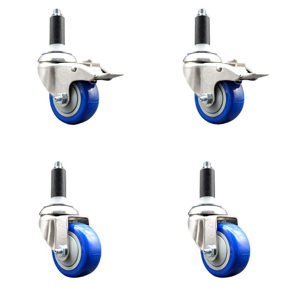 Polyurethane Swivel Stem Caster with 3 in. Blue Caster Wheels, 1.13 in. Expanding Stem - 316 Stainless Steel Casters - Set of 4