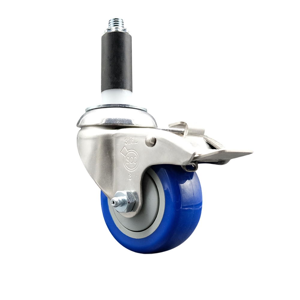 Polyurethane Swivel Stem Caster with 3.5 in. Blue Caster Wheels & Total Lock Brake, 1.13 in. Expanding Stem - 316 Stainless Steel Caster