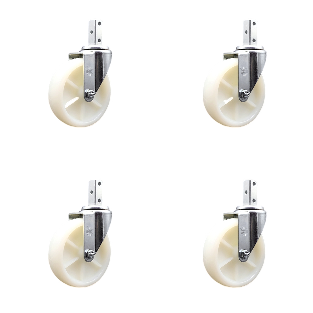 Swivel Square Stem Caster with 5 x 1.25 in. White Nylon Wheel, 0.87 x 2 in. Square Stem with 3 0.26 in. Diameter Mounting Holes - Set of 4