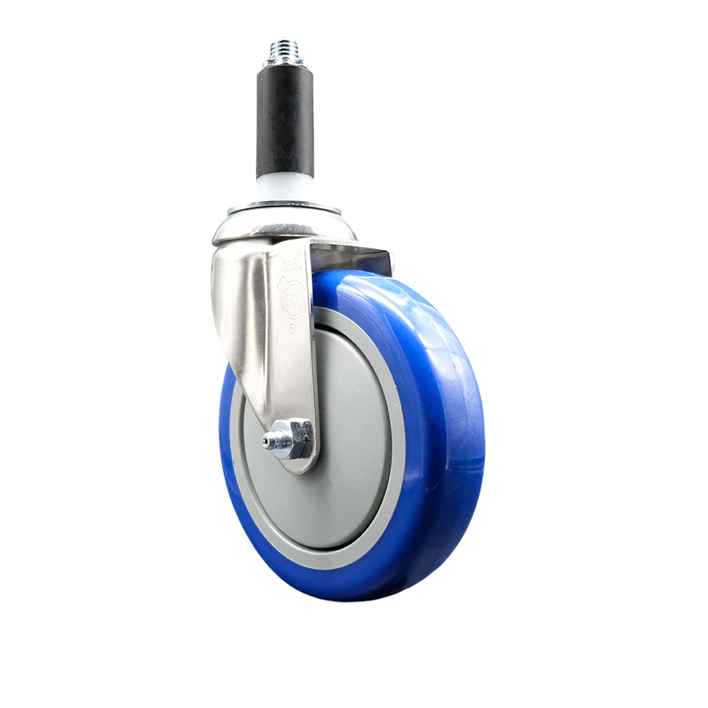 Polyurethane Swivel Stem Caster with 5 in. Blue Caster Wheels, 1.13 in. Expanding Stem - 316 Stainless Steel Caster