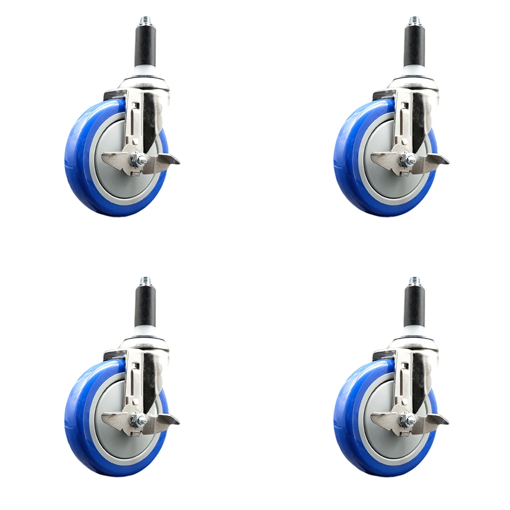 Polyurethane Swivel Stem Caster with 5 in. Blue Caster Wheels, 1.13 in. Expanding Stems - 316 Stainless Steel Casters - Set of 4