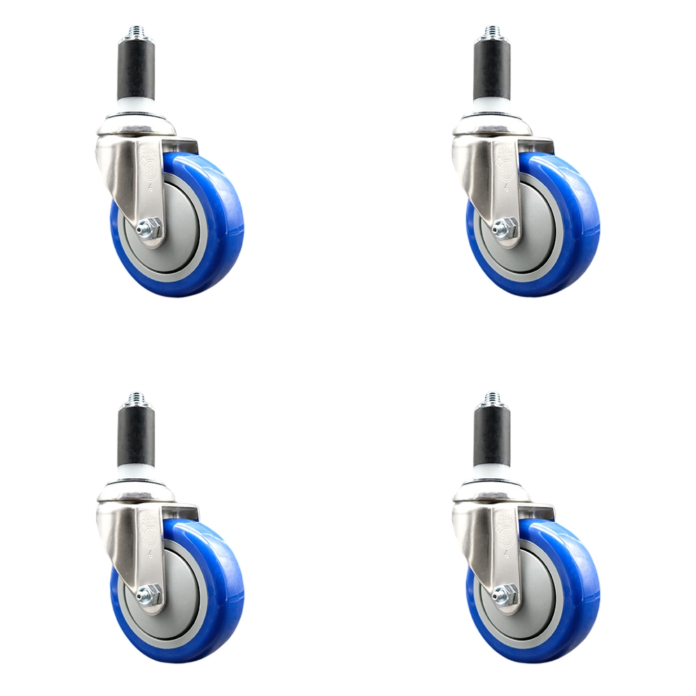 Polyurethane Swivel Stem Caster with 4 in. Blue Caster Wheels, 1.25 in. Expanding Stems - 316 Stainless Steel Casters - Set of 4