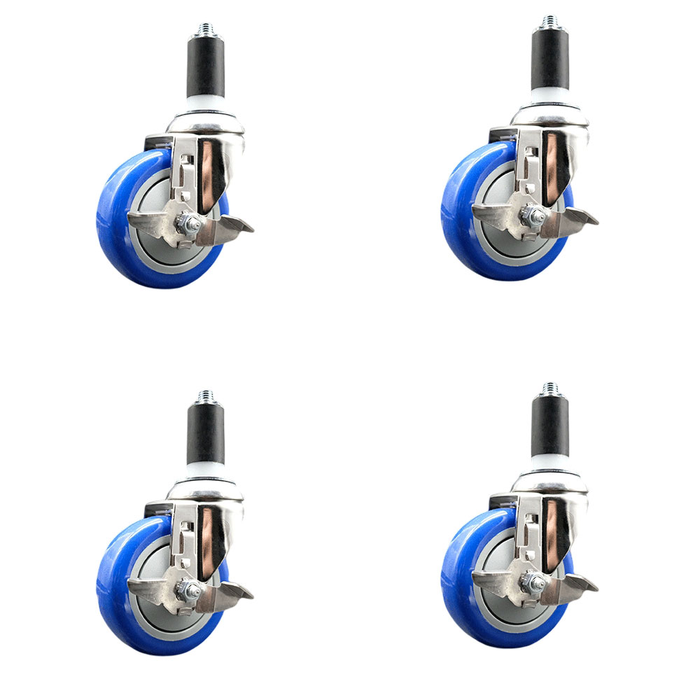 Polyurethane Swivel Stem Caster with 4 in. Blue Caster Wheels, 1.25 in. Expanding Stems - 316 Stainless Steel Casters - Set of 4
