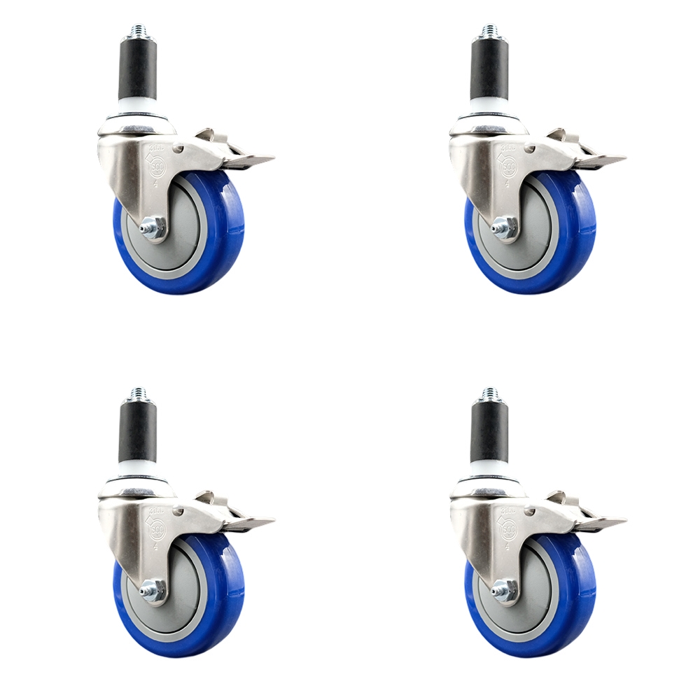 Polyurethane Swivel Stem Caster with 4 in. Blue Caster Wheels, 1.38 in. Expanding Stems - 316 Stainless Steel Casters - Set of 4