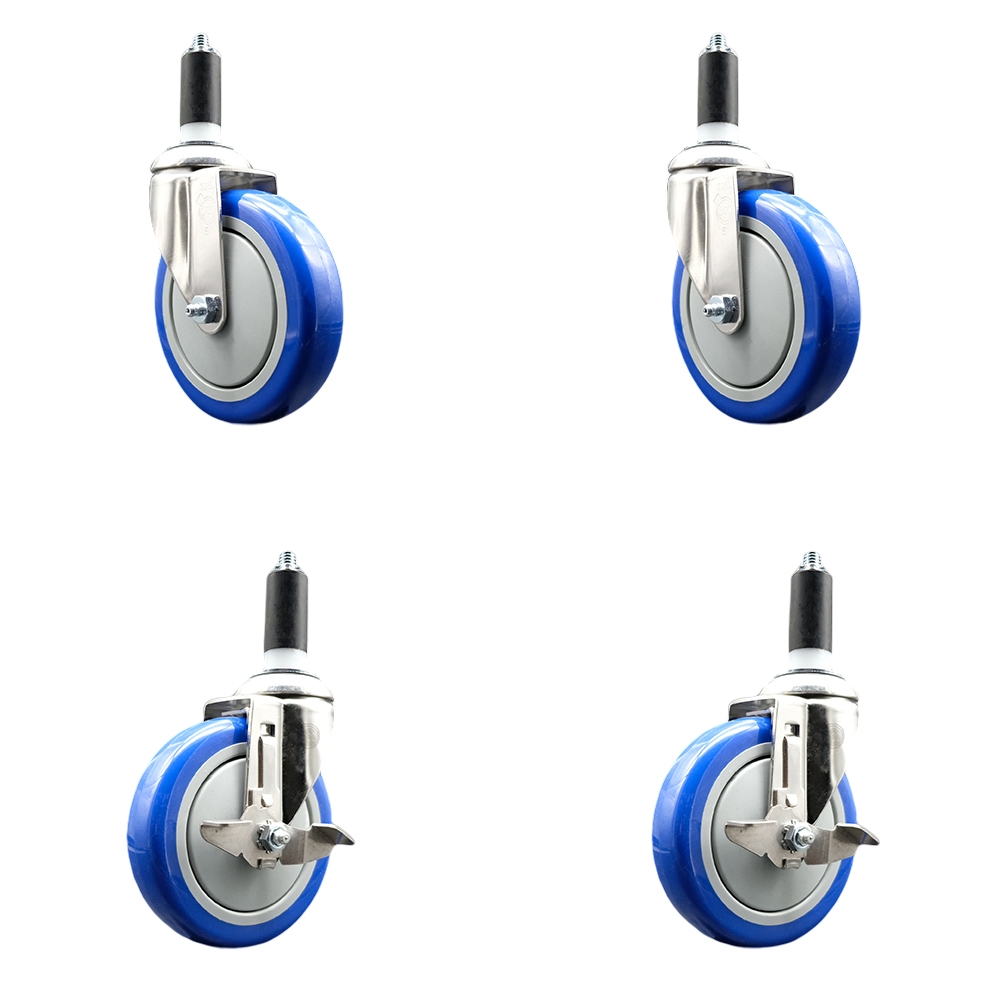 Polyurethane Swivel Stem Caster with 5 in. Blue Caster Wheels, 1.38 in. Expanding Stems - 316 Stainless Steel Casters - Set of 4