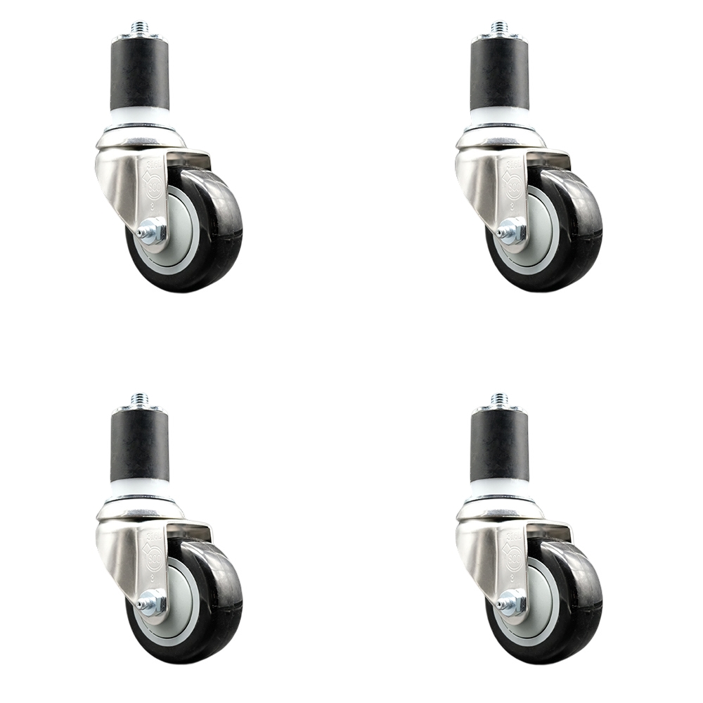 Polyurethane Swivel Stem Caster with 3 in. Black Caster Wheels, 1.87 in. Expanding Stems - 316 Stainless Steel Casters - Set of 4