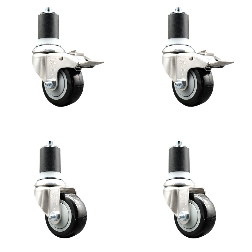Polyurethane Swivel Stem Caster with 3.5 in. Black Caster Wheels, 1.87 in. Expanding Stem - 316 Stainless Steel Casters - Set of 4