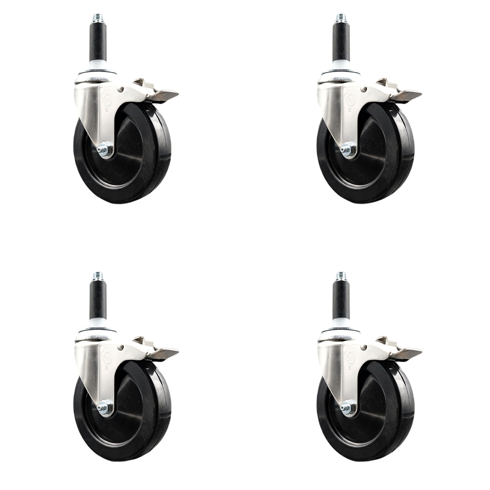 Hard Rubber Swivel Stem Caster with 5 in. Caster Wheels, 0.75 in. Expanding Stems - 316 Stainless Steel Casters - Set of 4