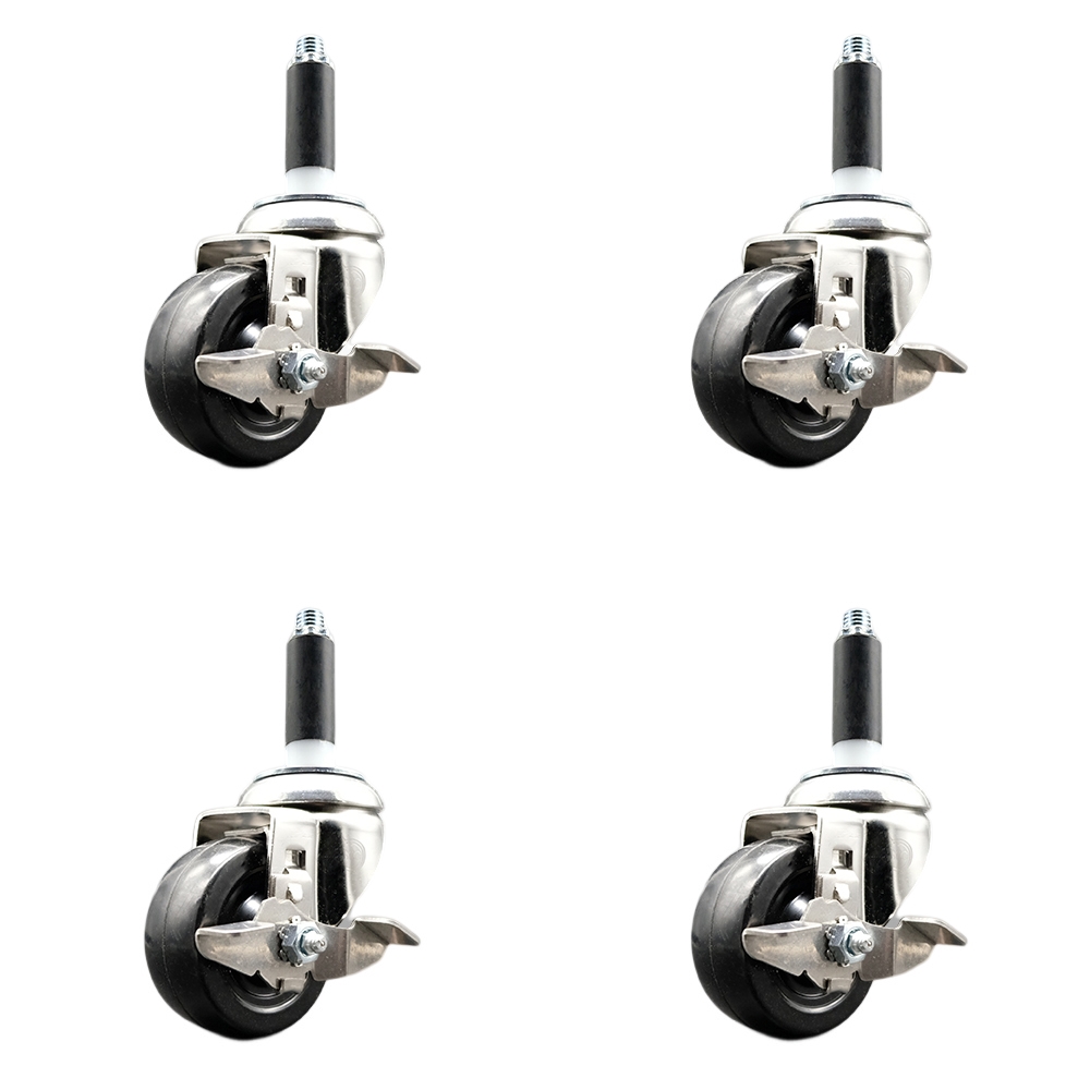 Hard Rubber Swivel Stem Caster with 3.5 in. Caster Wheels, 0.87 in. Expanding Stems - 316 Stainless Steel Casters - Set of 4